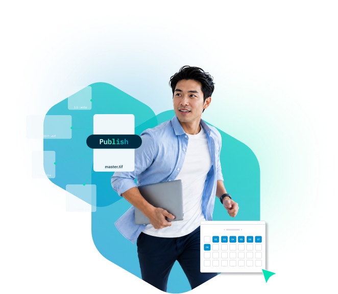 Man holding a laptop, walking beside a “Publish” button and file icons.